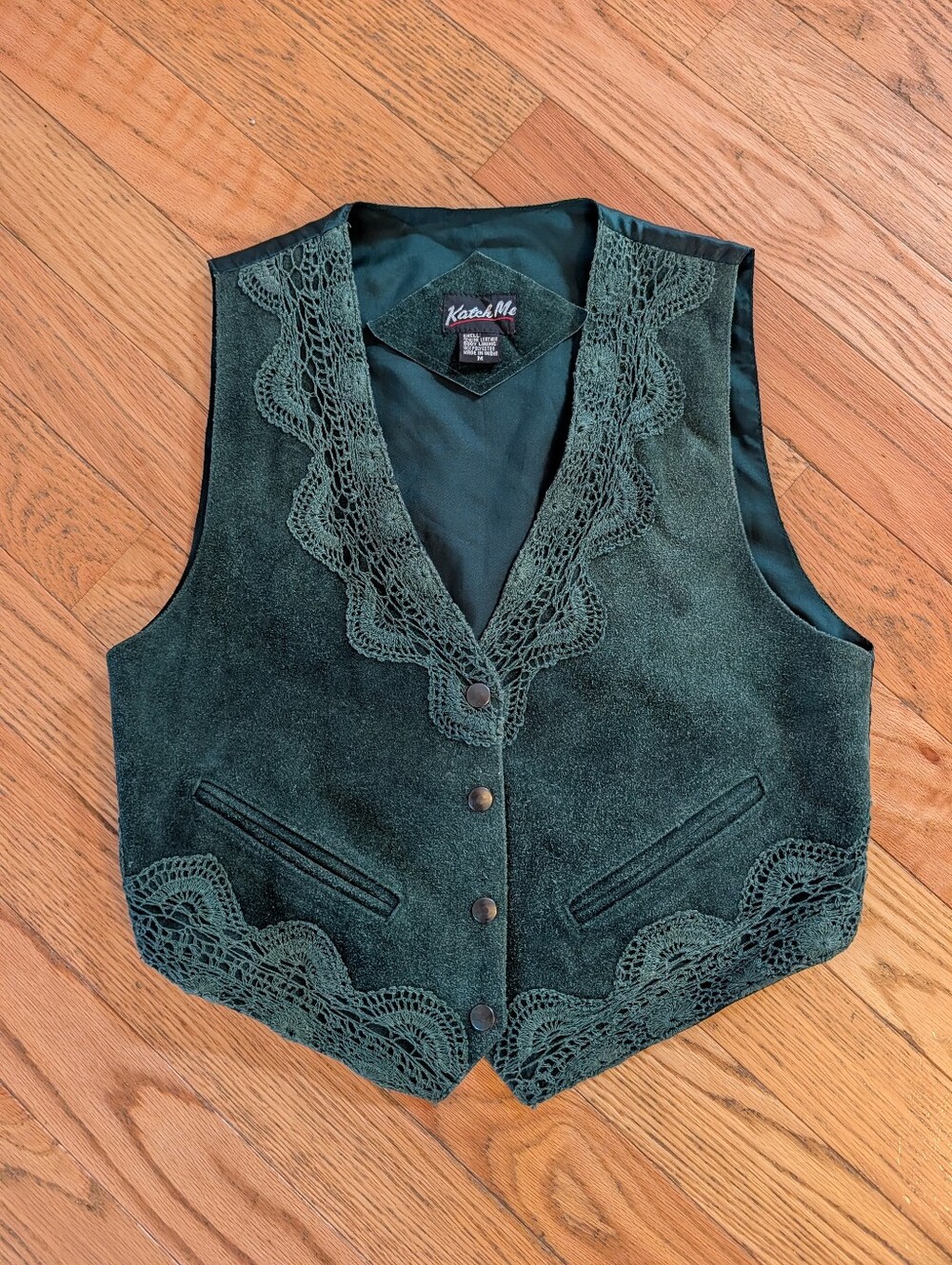 Vintage 90s Hunter Green Leather Suede Lace Crochet Vest Boho Grunge Fairy Vtg